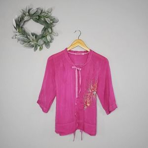 Johnny Was Floral Embroidered Fuschia Pink 3/4 Sleeve Button Down Top